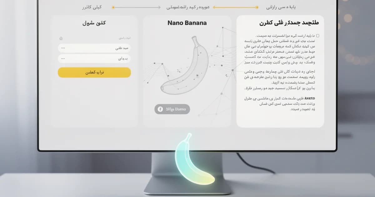فضای کاری مدرن با آیکون درخشان Nano Banana و صفحه نمایش Axeto با محتوای فارسی