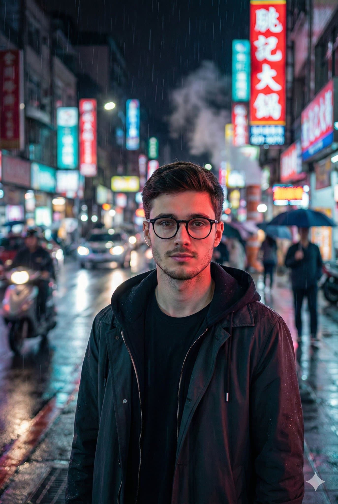 تصویر پرتره واقعی مرد در خیابان بارانی نئونی; related AI content on Axeto