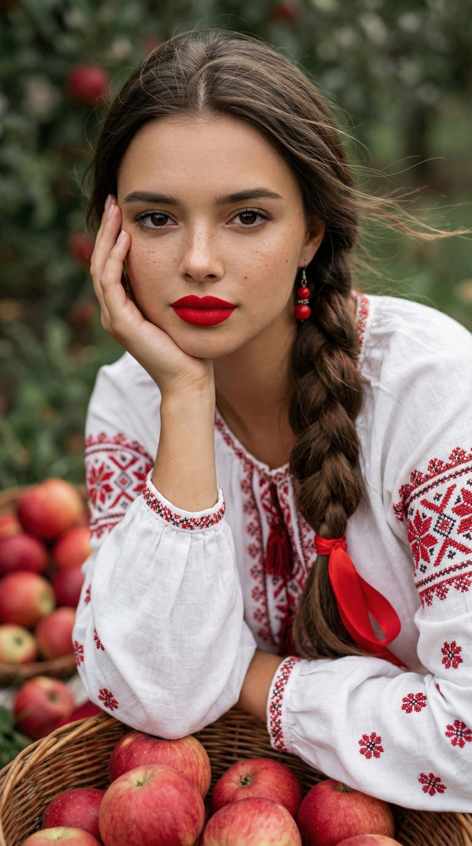 Folk Beauty Among Red Apples | پرامپت تصویر هوش مصنوعی
