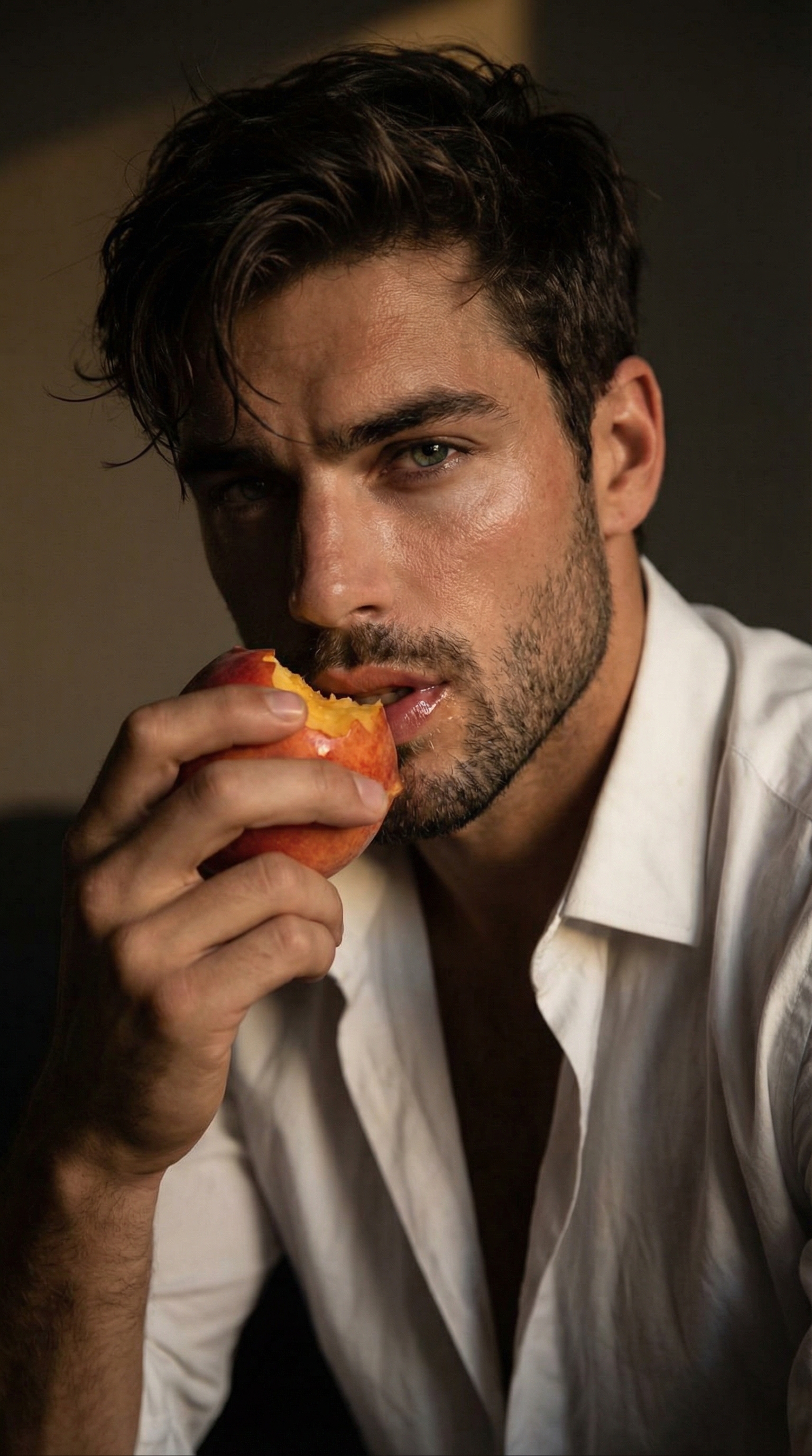 Sensual Peach Bite Portrait | پرامپت تصویر هوش مصنوعی