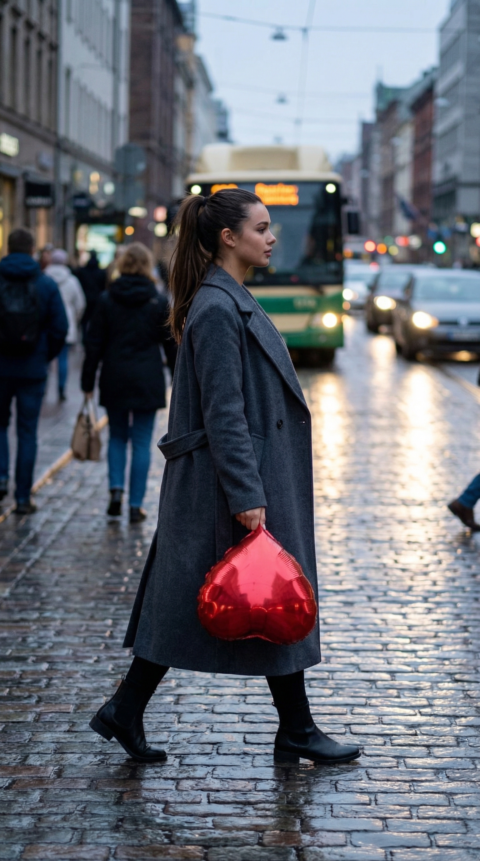 Woman with Red Heart Walking Downtown | پرامپت تصویر هوش مصنوعی