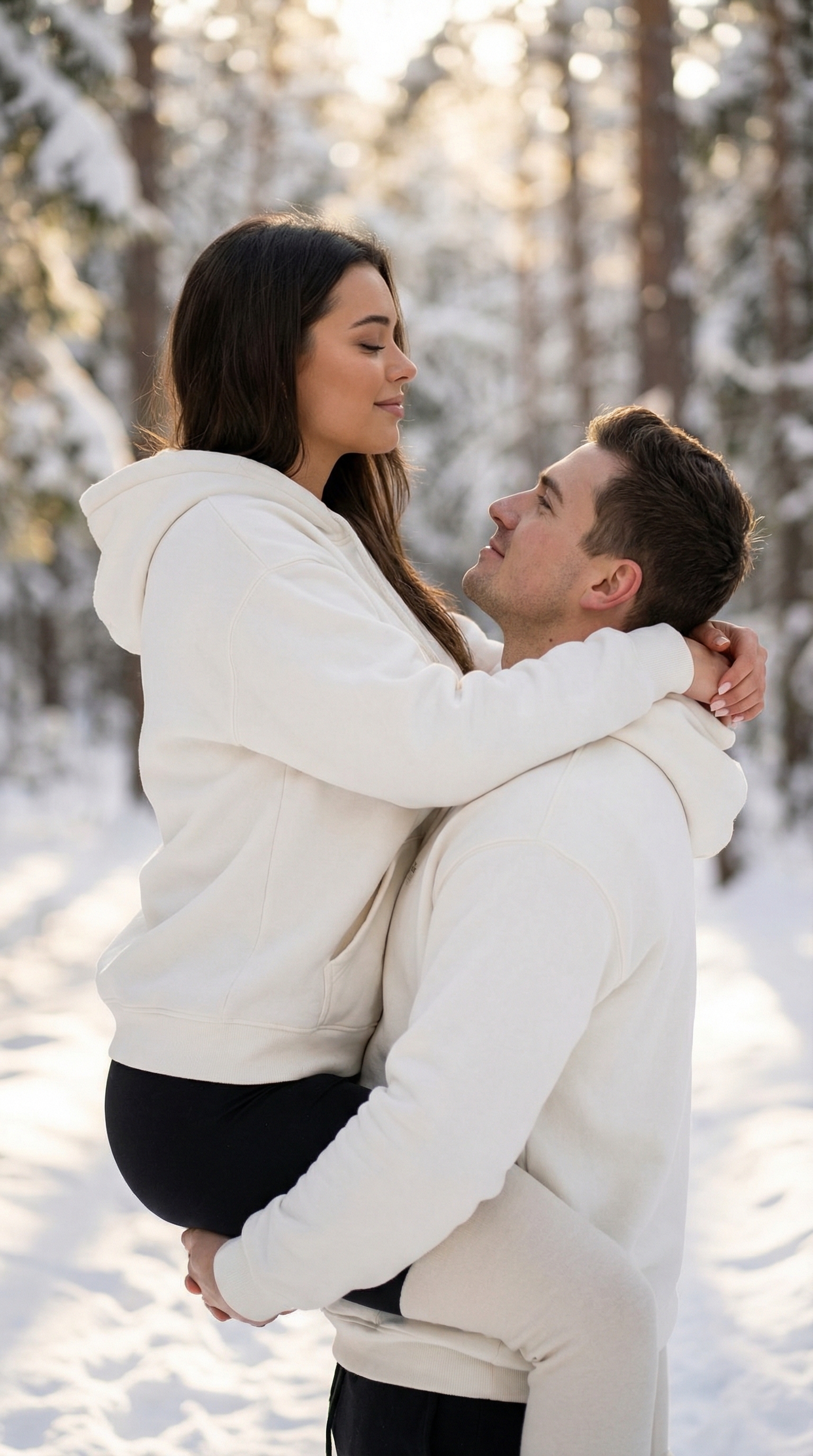 Tender Winter Embrace in Snowy Forest | پرامپت تصویر هوش مصنوعی