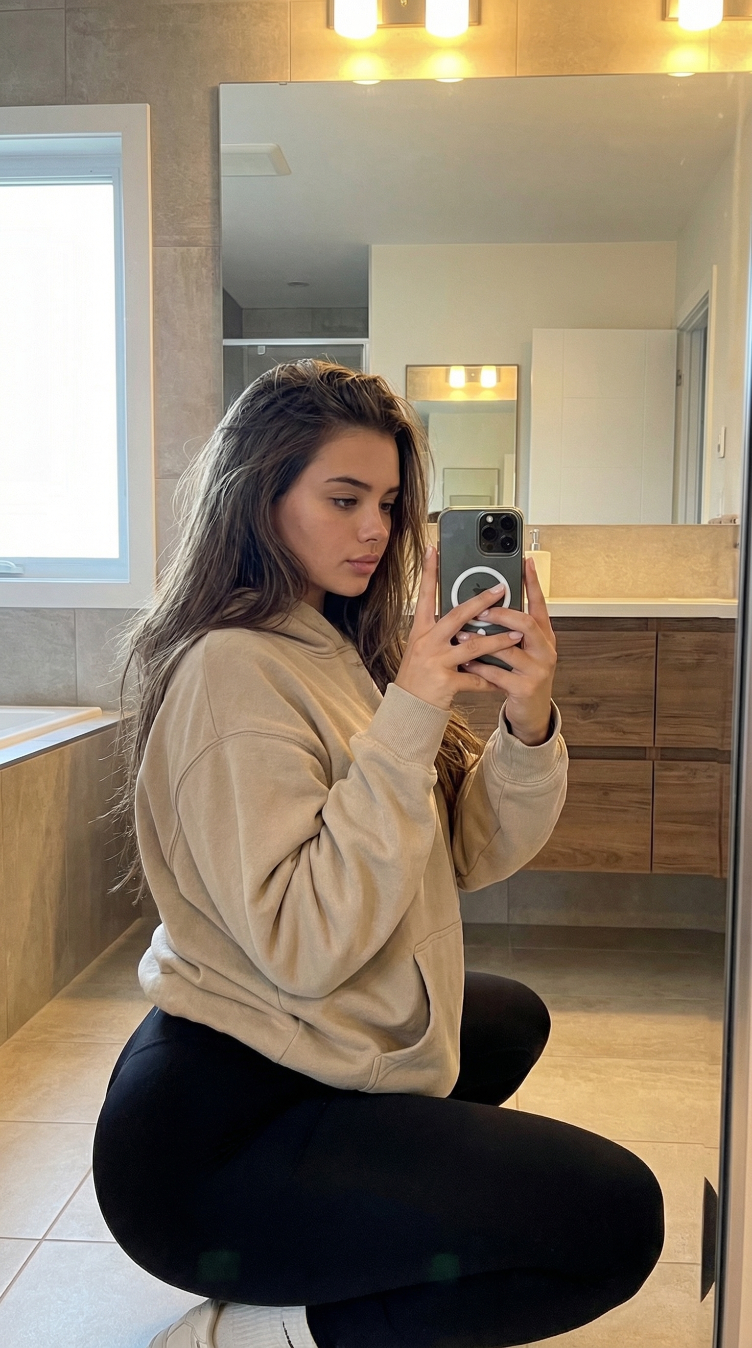 Mirror Selfie Girl Squatting Pose | پرامپت تصویر هوش مصنوعی