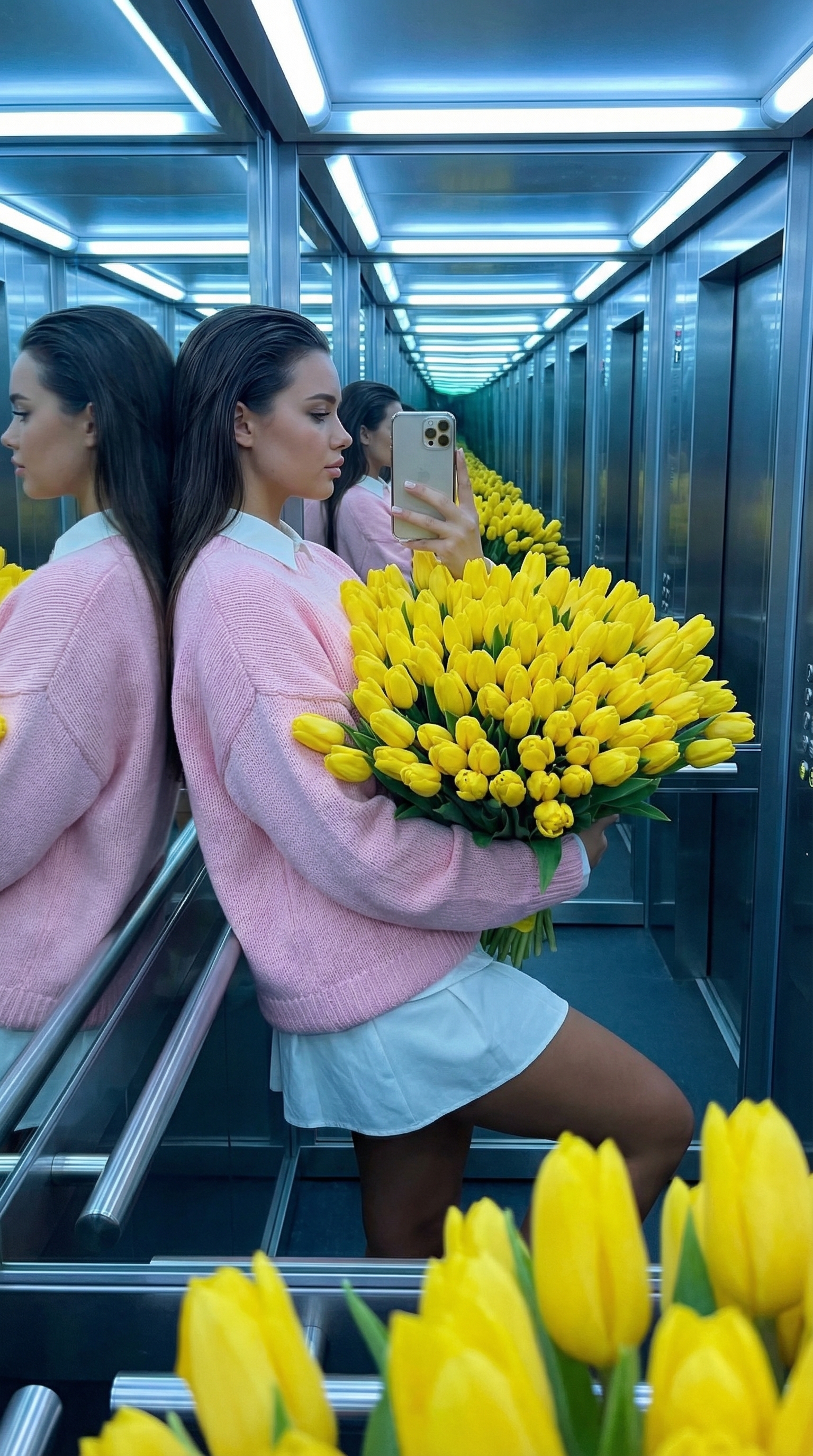 Elevator Selfie With Yellow Tulips | پرامپت تصویر هوش مصنوعی