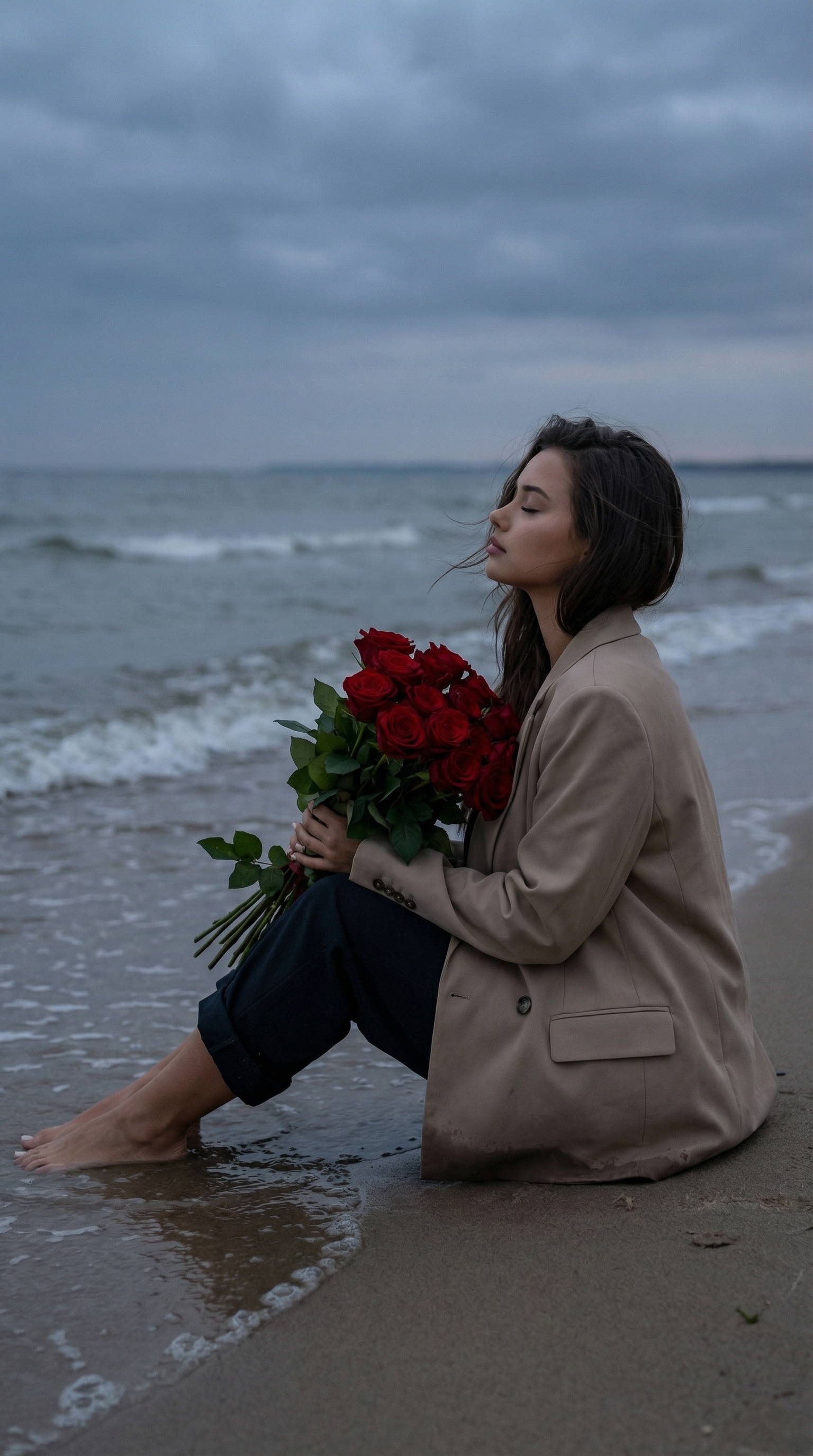 Tranquil Woman Holding Red Roses Seaside | پرامپت تصویر هوش مصنوعی
