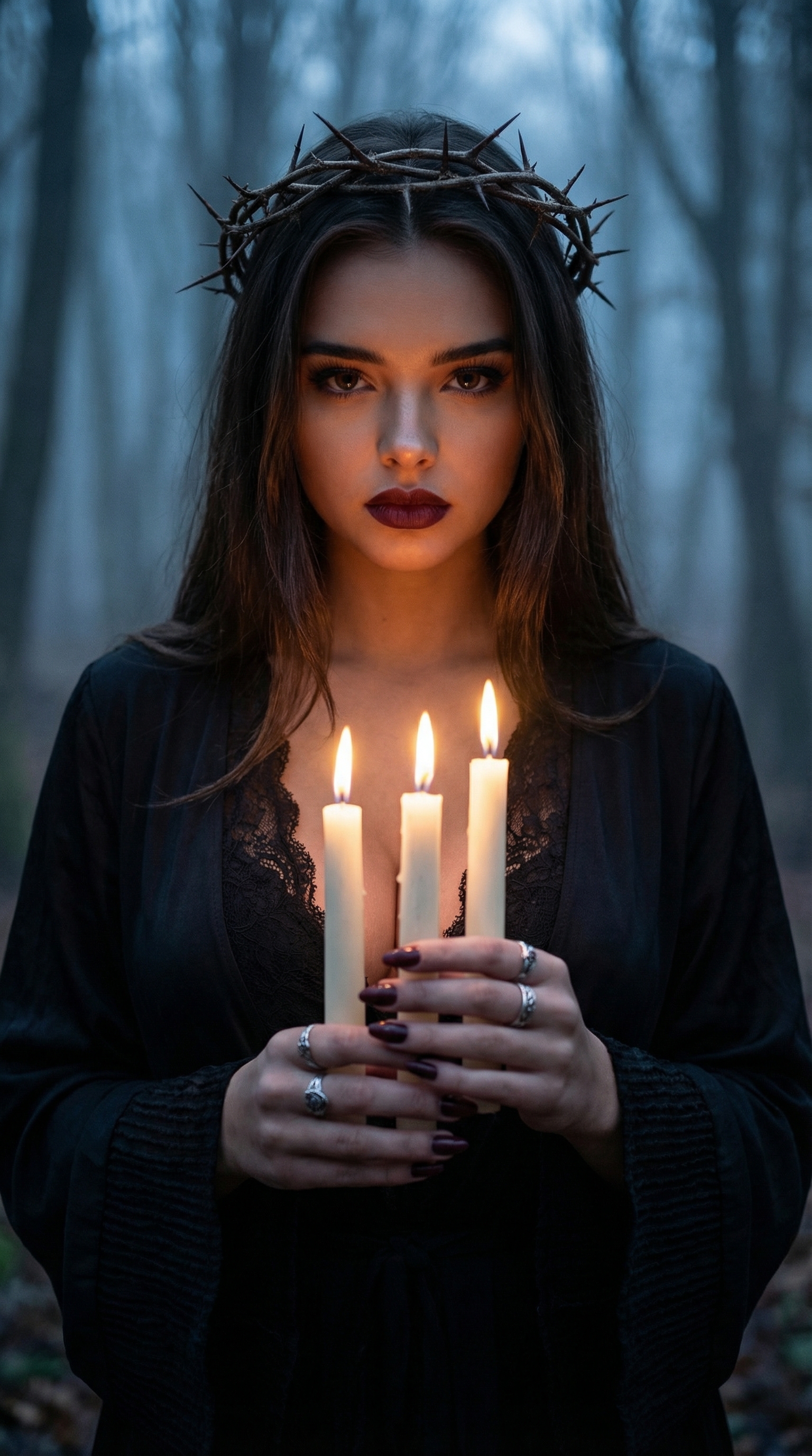 Mystic Forest Queen with Candles | پرامپت تصویر هوش مصنوعی
