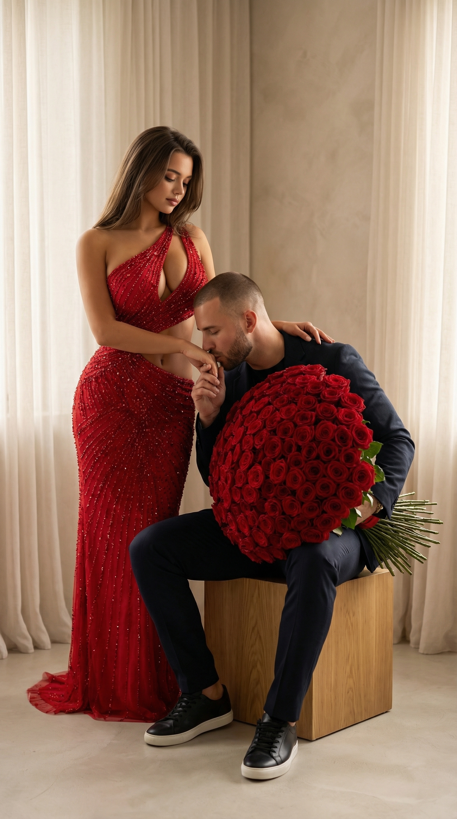 Passionate Couple's Red Rose Romance | پرامپت تصویر هوش مصنوعی