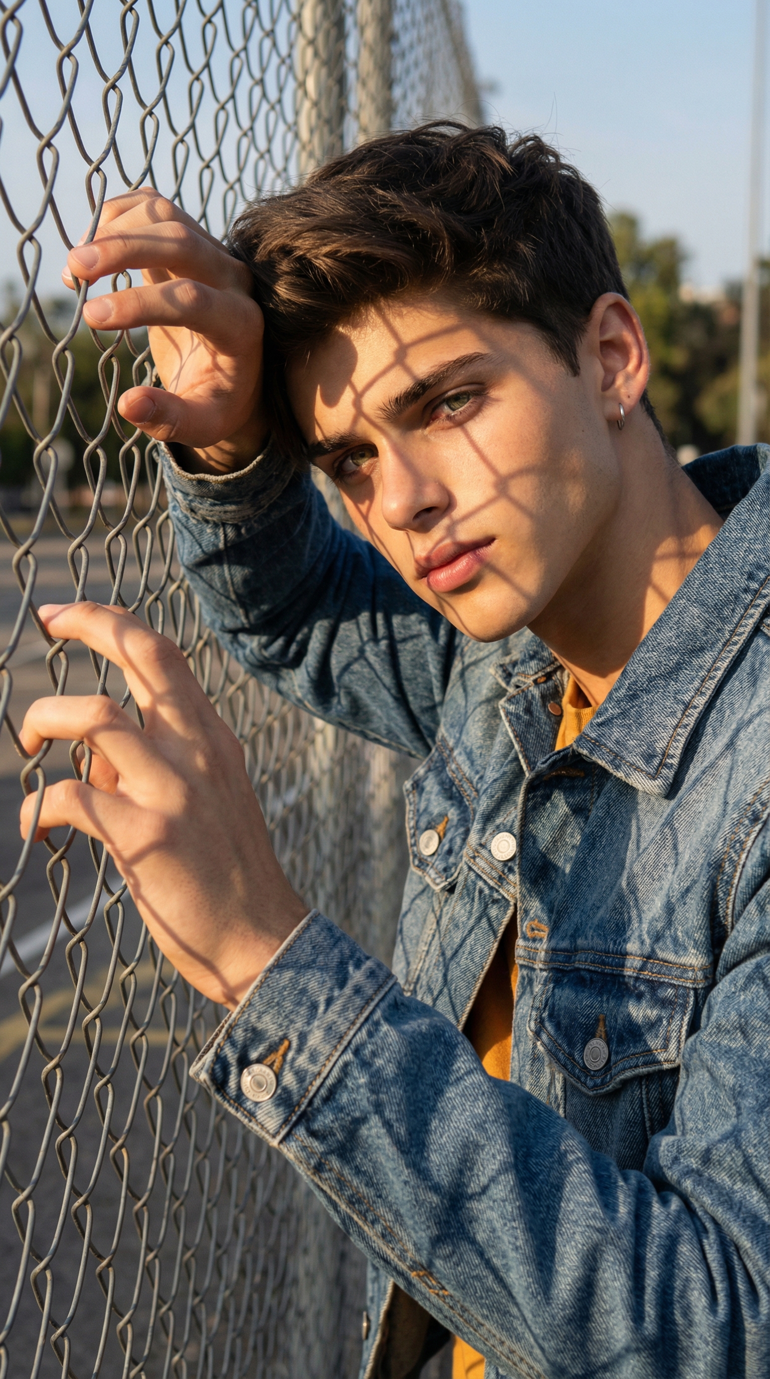 Man Behind Sunlit Metal Fence | پرامپت تصویر هوش مصنوعی