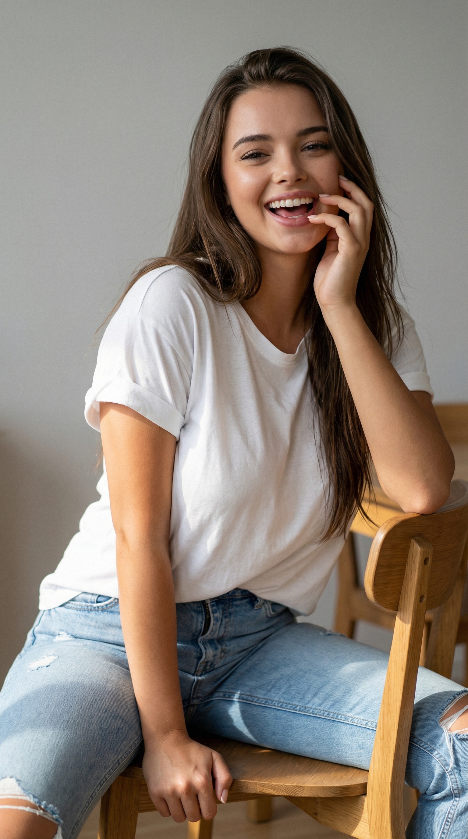 Joyful Girl on Wooden Chair | پرامپت تصویر هوش مصنوعی