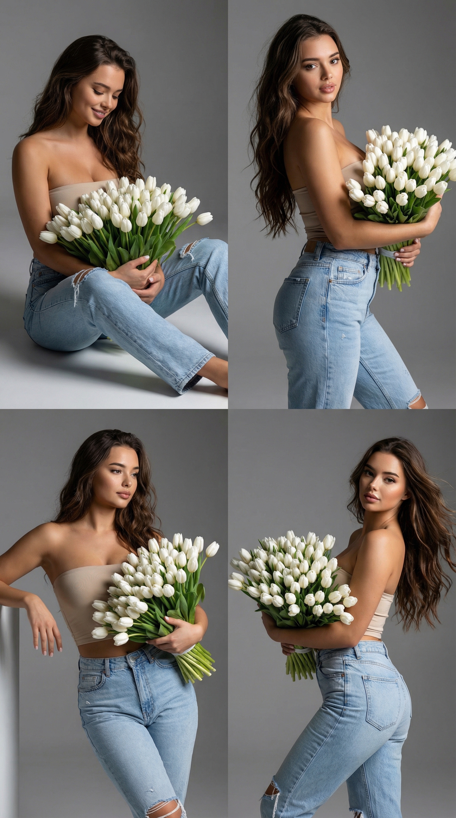 Dreamy Portrait with Tulip Bouquet | پرامپت تصویر هوش مصنوعی