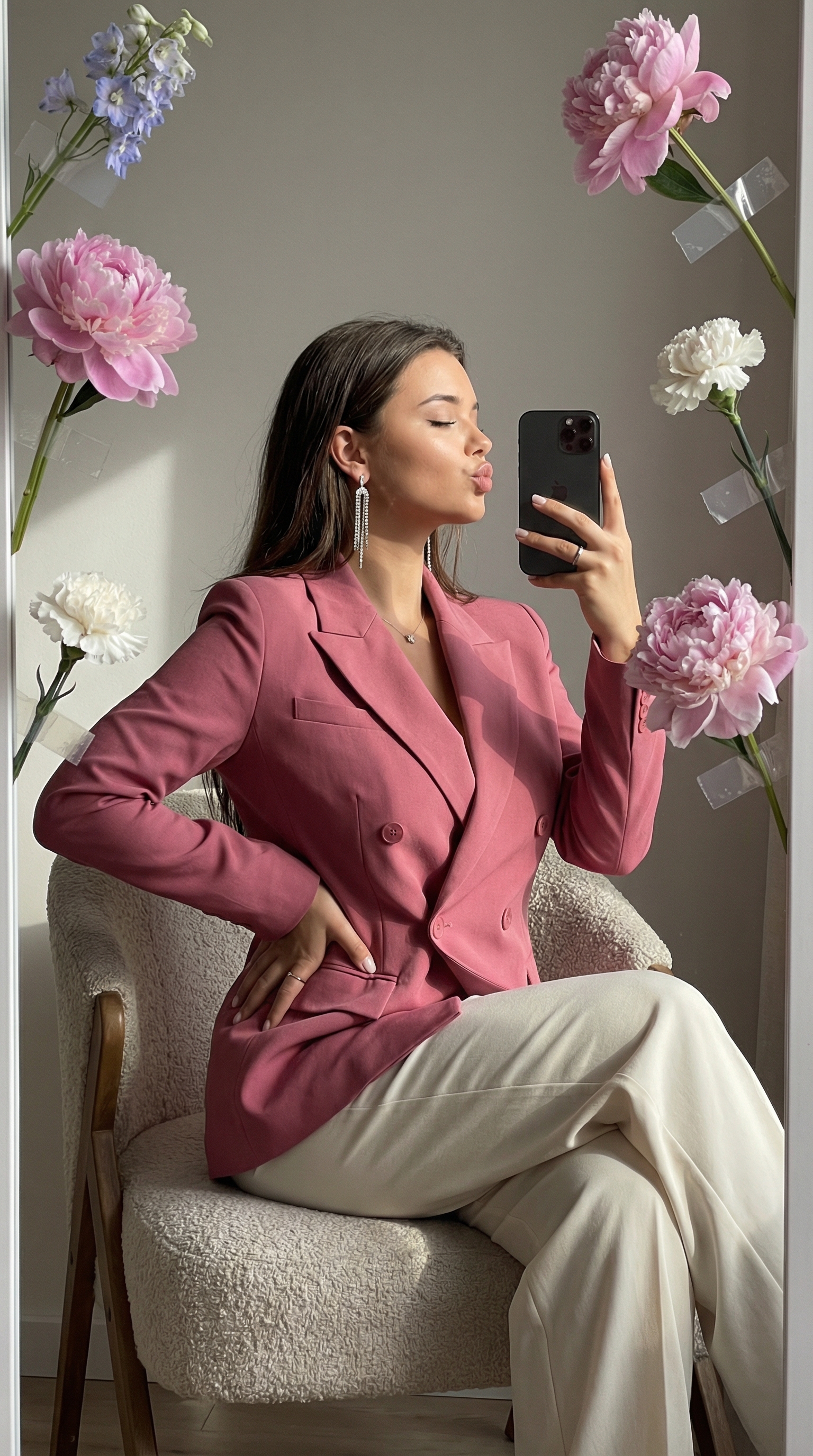 Elegant Mirror Selfie Among Flowers | پرامپت تصویر هوش مصنوعی