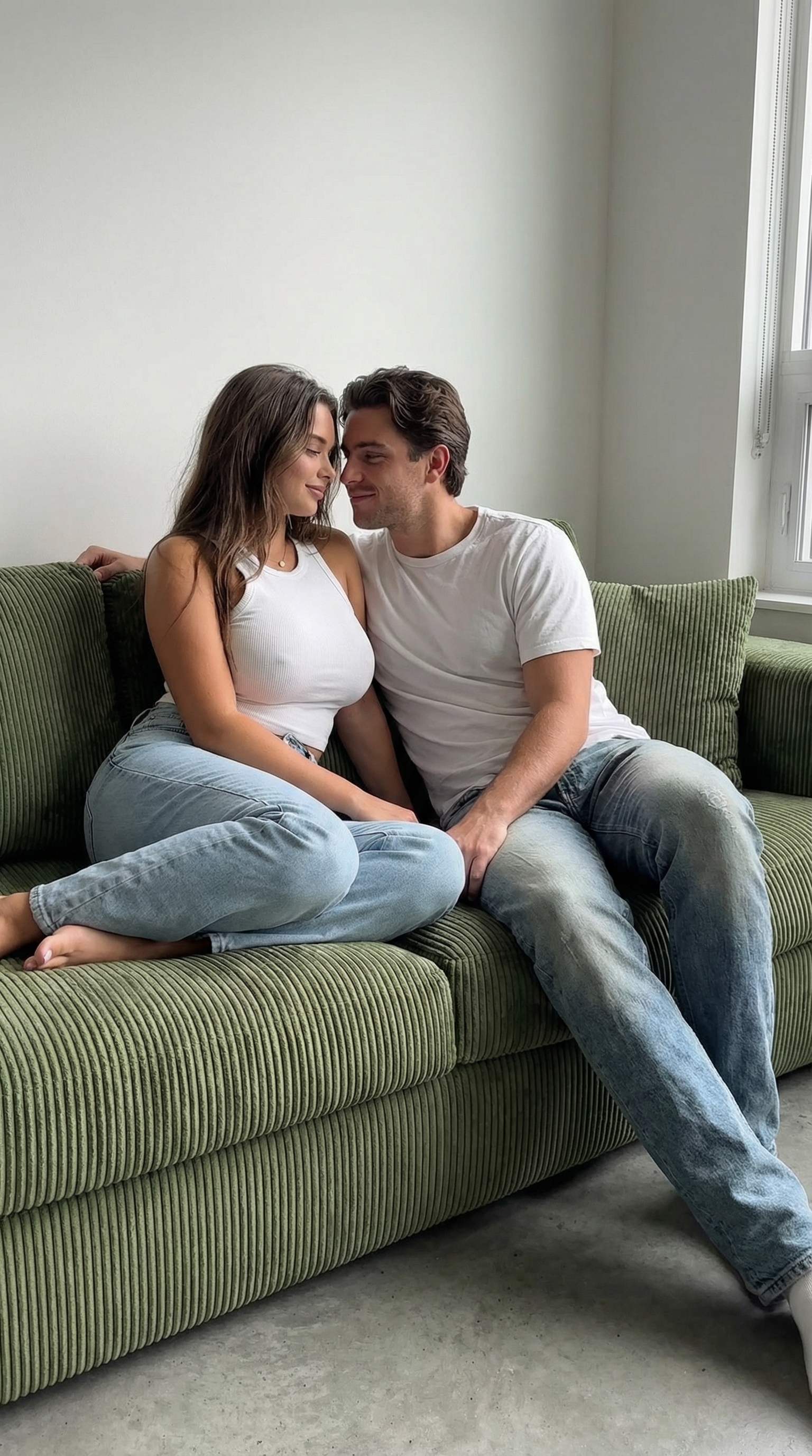 Tender Couple Green Velvet Sofa | پرامپت تصویر هوش مصنوعی