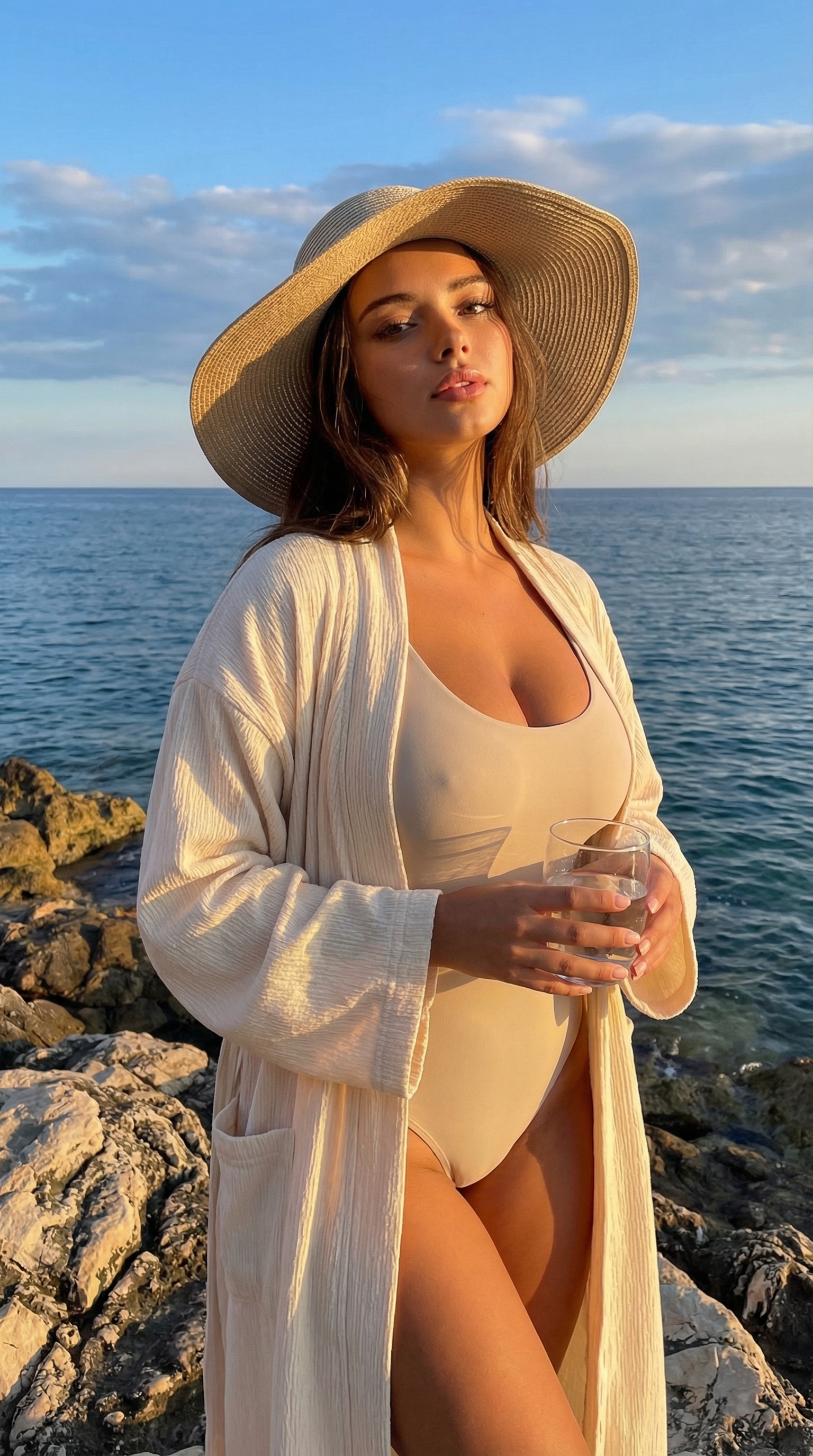 Elegant Seaside Lady at Sunset | پرامپت تصویر هوش مصنوعی