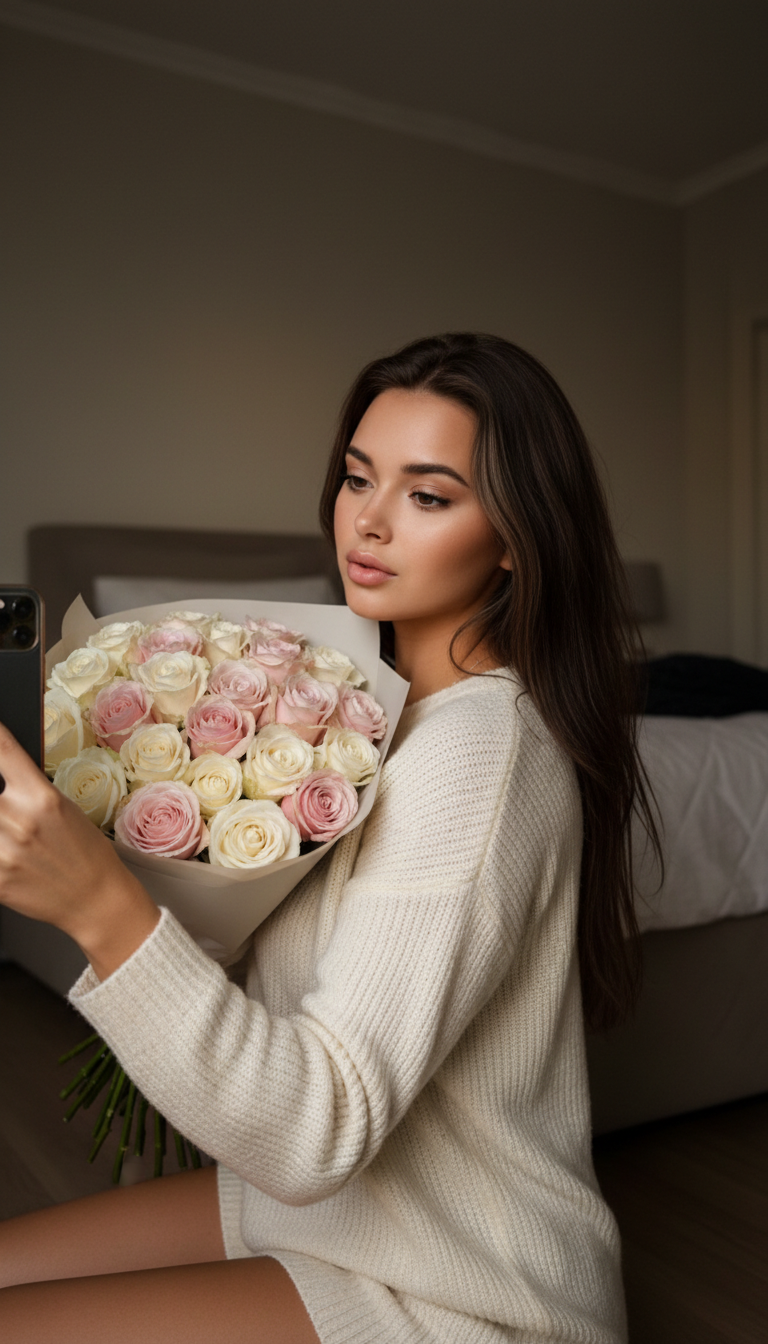 Romantic Rose Selfie in Shadows | پرامپت تصویر هوش مصنوعی