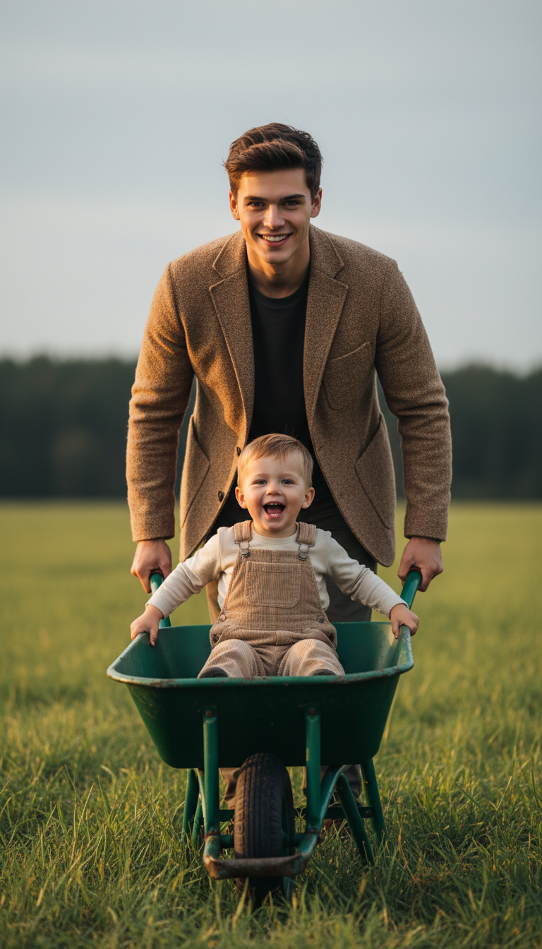 Father Son Wheelbarrow Golden Hour | پرامپت تصویر هوش مصنوعی