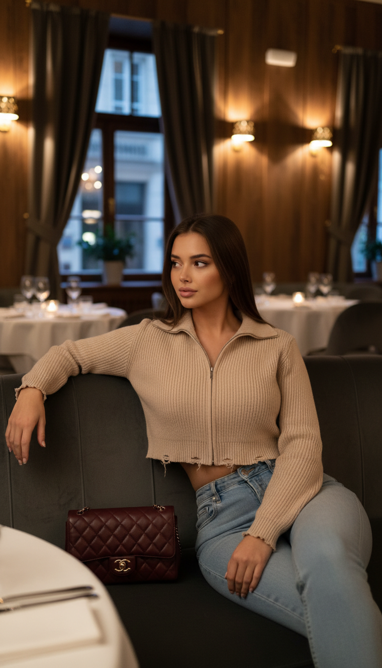 Elegant Woman Lounging in Upscale Restaurant | پرامپت تصویر هوش مصنوعی