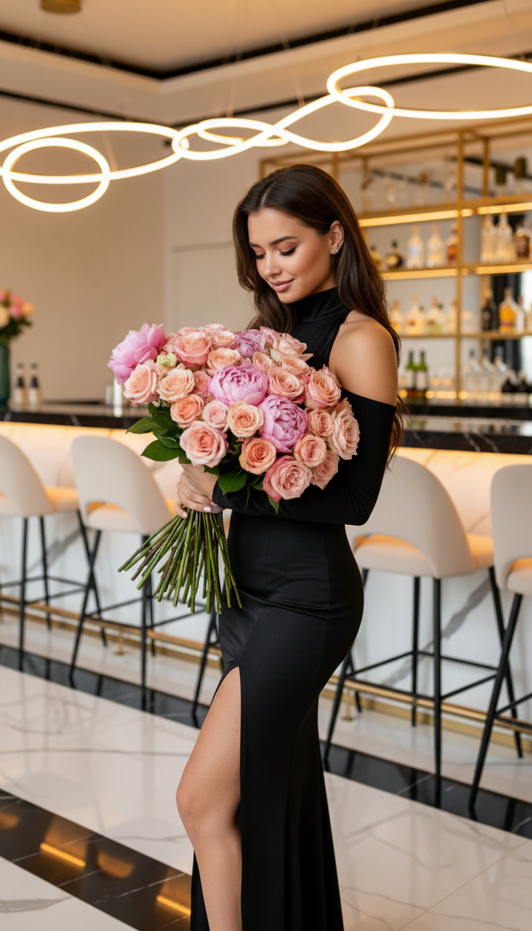 Lady with Peach Flowers at Golden Bar | پرامپت تصویر هوش مصنوعی