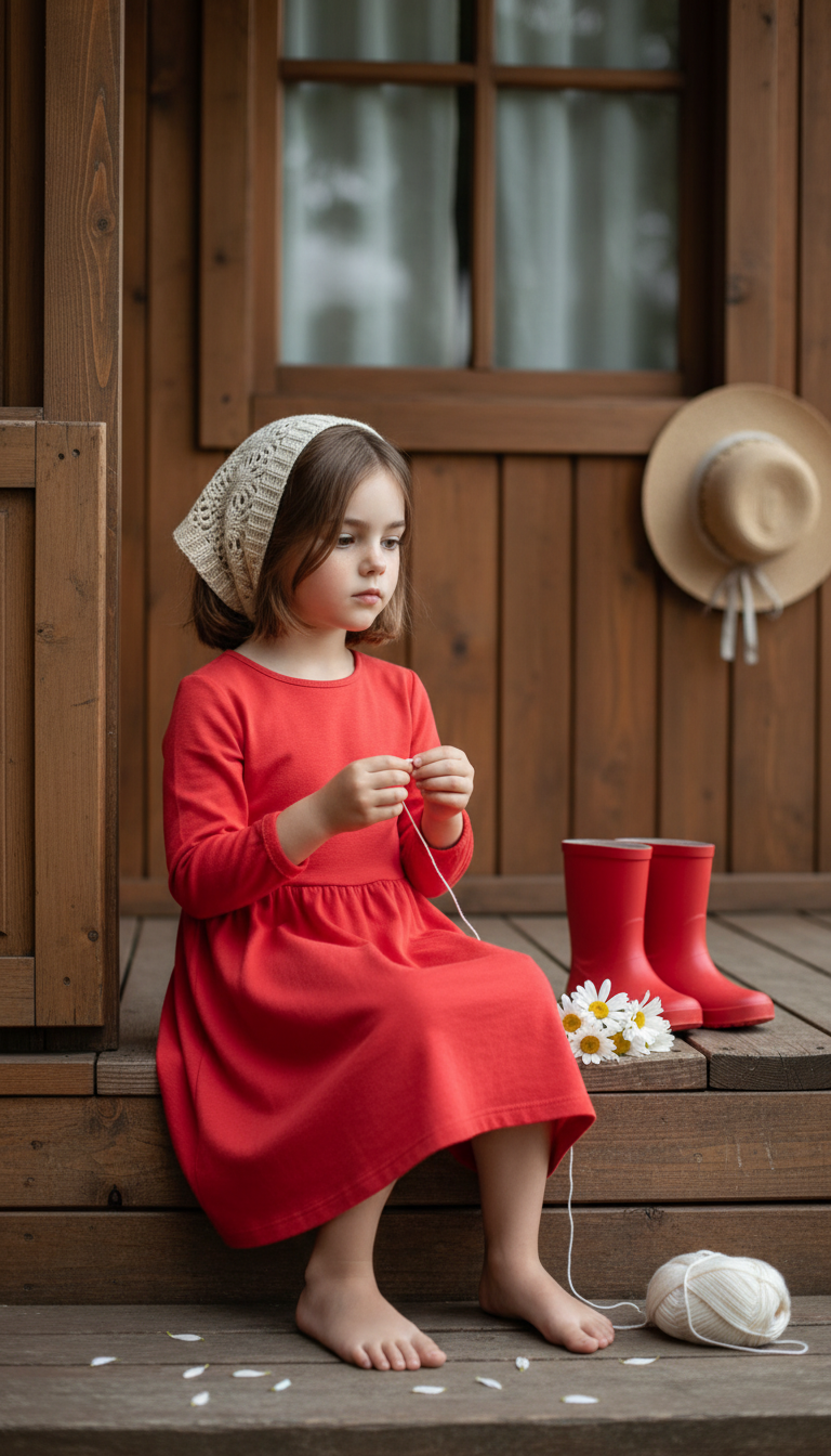 Red Dress Girl's Peaceful Morning | پرامپت تصویر هوش مصنوعی