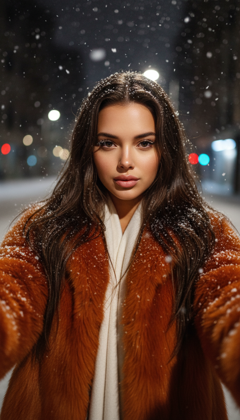 Glamorous Winter Night Street Selfie | پرامپت تصویر هوش مصنوعی