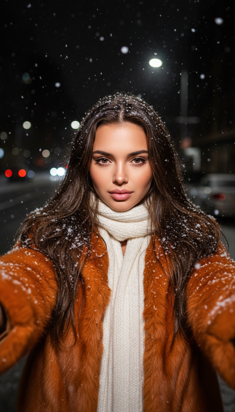 Winter Night Selfie in Fur | پرامپت تصویر هوش مصنوعی