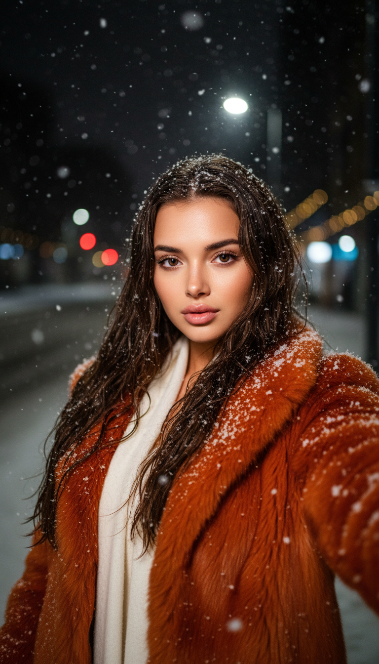 Winter Night Selfie Street Glamour | پرامپت تصویر هوش مصنوعی