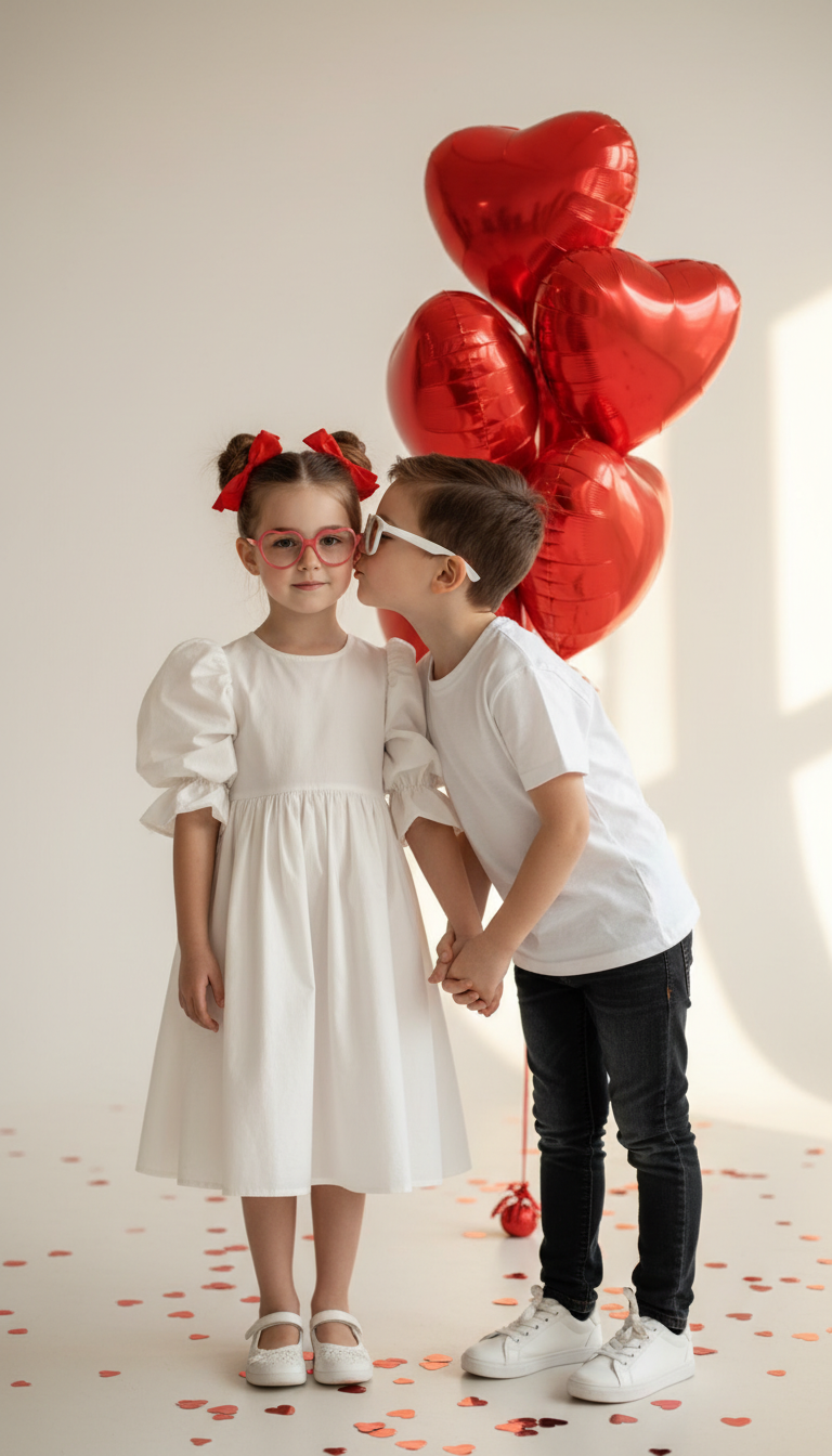 Siblings' Valentine Portrait with Balloons | پرامپت تصویر هوش مصنوعی