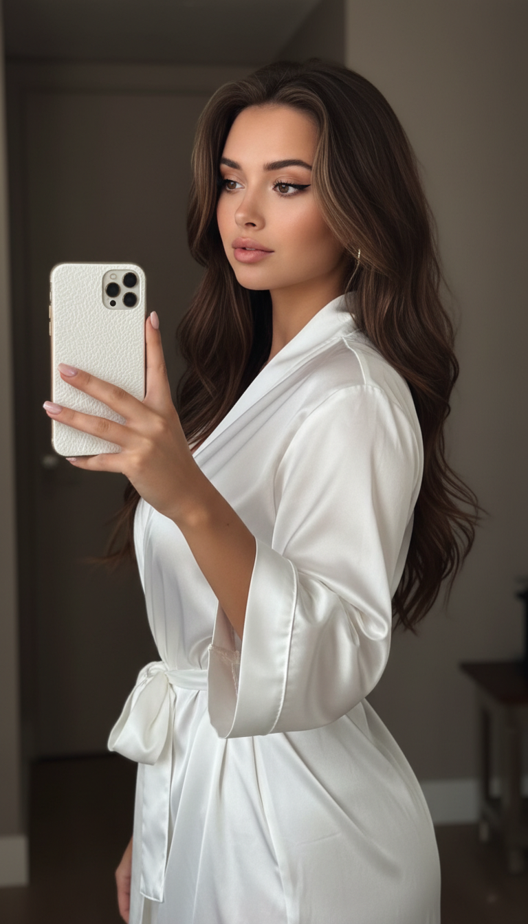 Elegant Mirror Selfie in White Satin | پرامپت تصویر هوش مصنوعی
