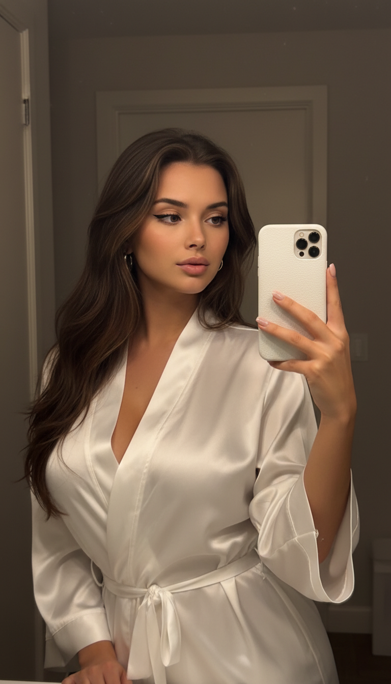 Elegant Mirror Selfie in White Satin | پرامپت تصویر هوش مصنوعی