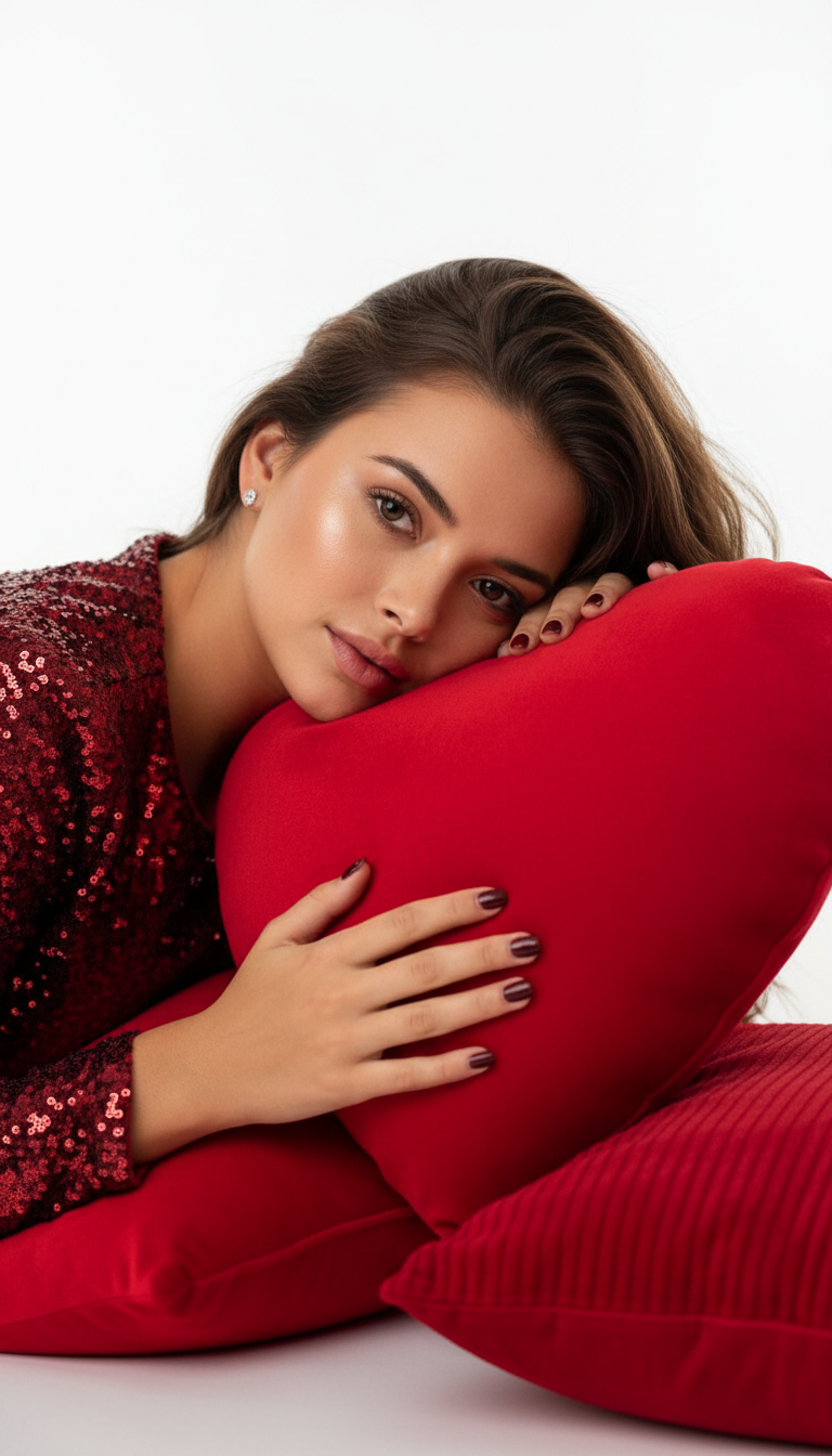 Dreamy Beauty on Heart Pillow | پرامپت تصویر هوش مصنوعی