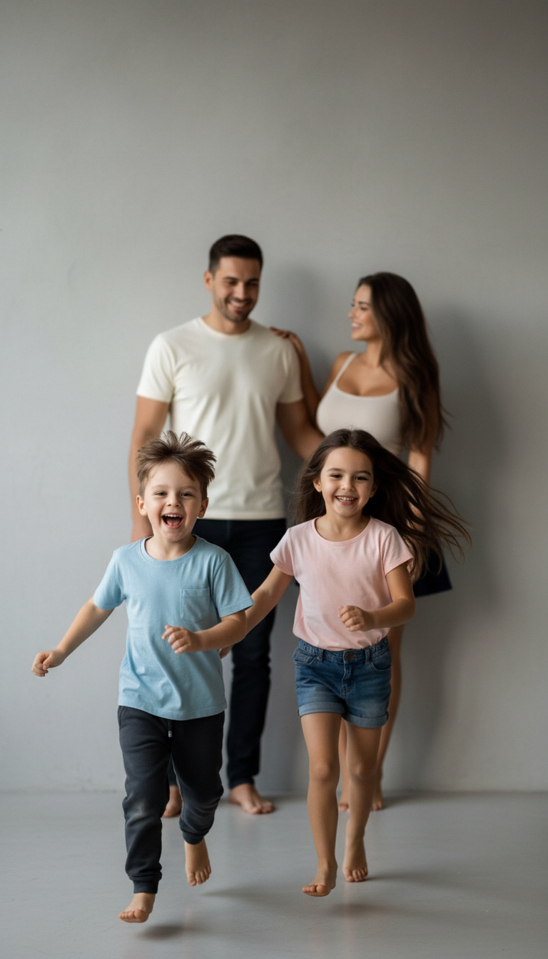 Joyful Family Running Against Light Wall | پرامپت تصویر هوش مصنوعی