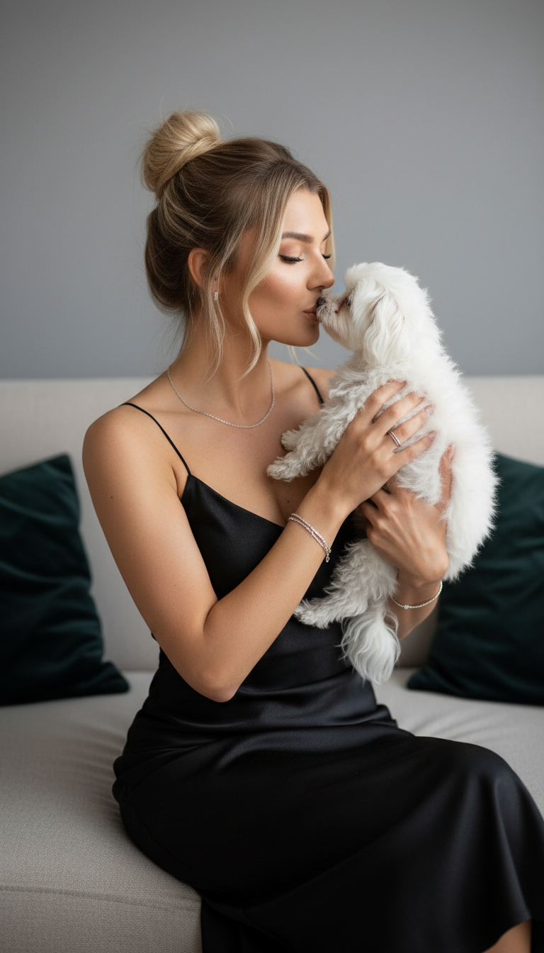 Elegant Woman Kissing White Puppy | پرامپت تصویر هوش مصنوعی