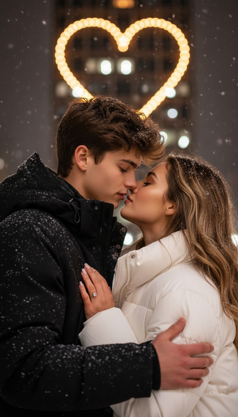 Winter Romance Under Heart Light | پرامپت تصویر هوش مصنوعی