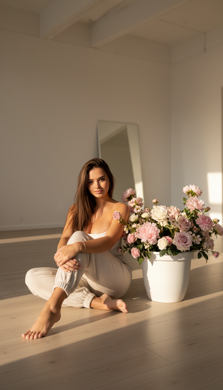 Serene Evening Portrait with Flowers | پرامپت تصویر هوش مصنوعی