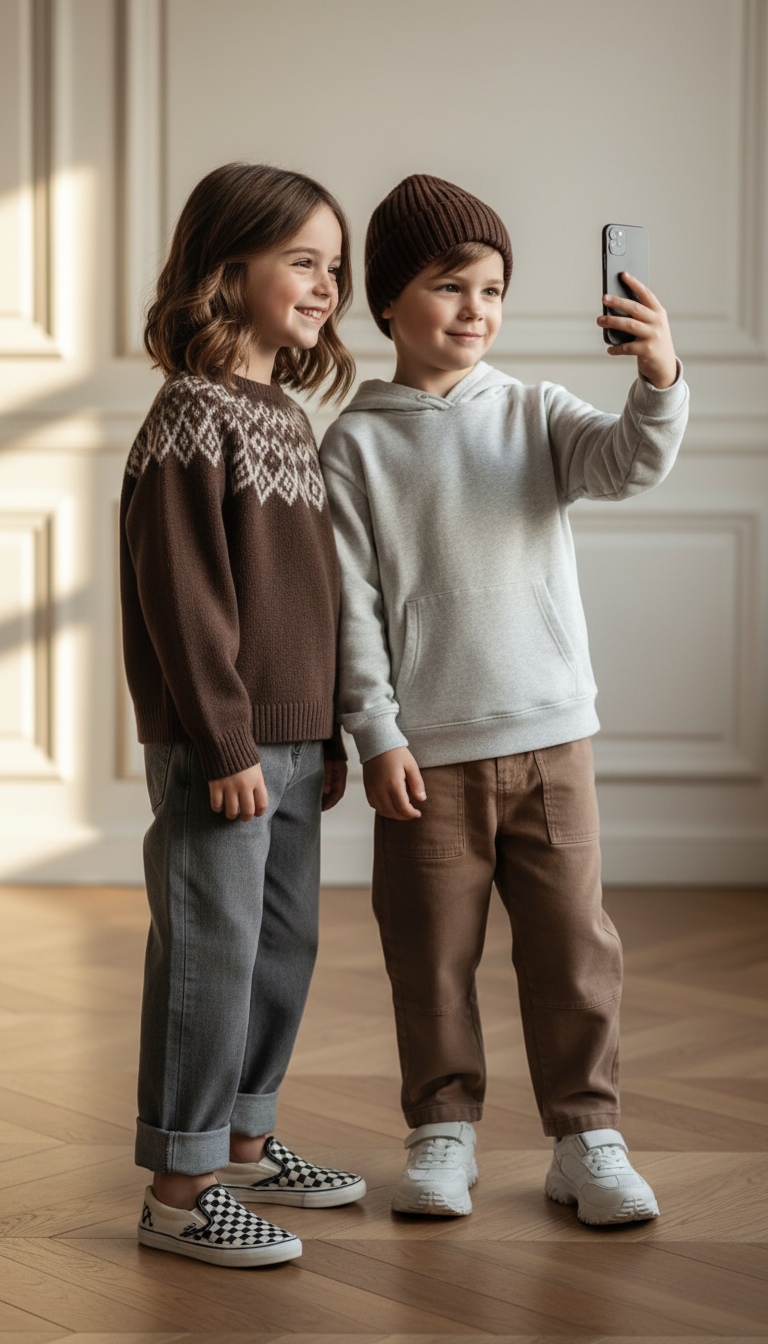 Children Taking Selfie in Cozy Room | پرامپت تصویر هوش مصنوعی