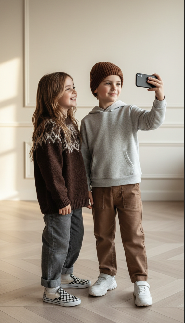 Kids Taking Selfie in Cozy Room | پرامپت تصویر هوش مصنوعی