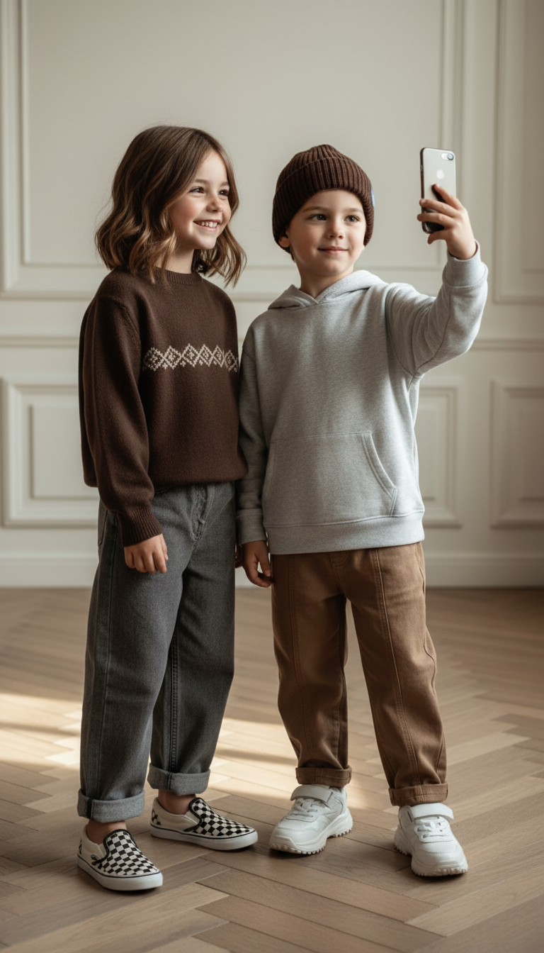 Children Taking Selfie in Cozy Interior | پرامپت تصویر هوش مصنوعی