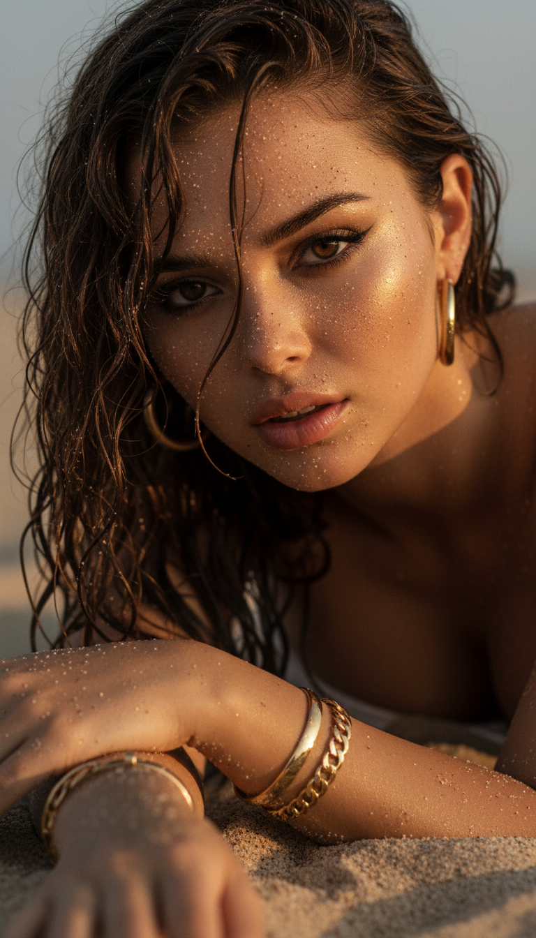Sultry Beach Portrait Golden Hour | پرامپت تصویر هوش مصنوعی