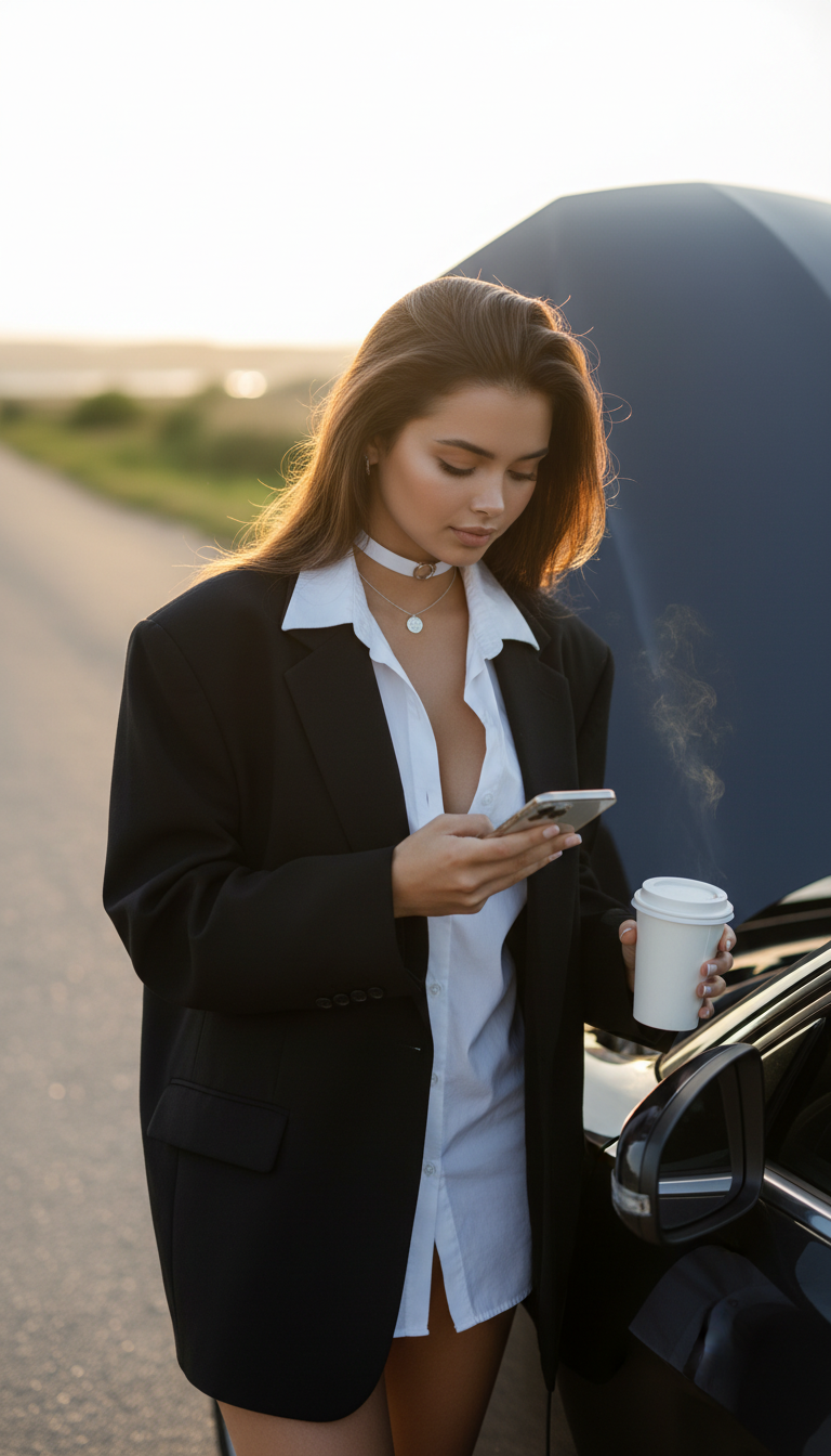 Car Trouble on Golden Morning | پرامپت تصویر هوش مصنوعی