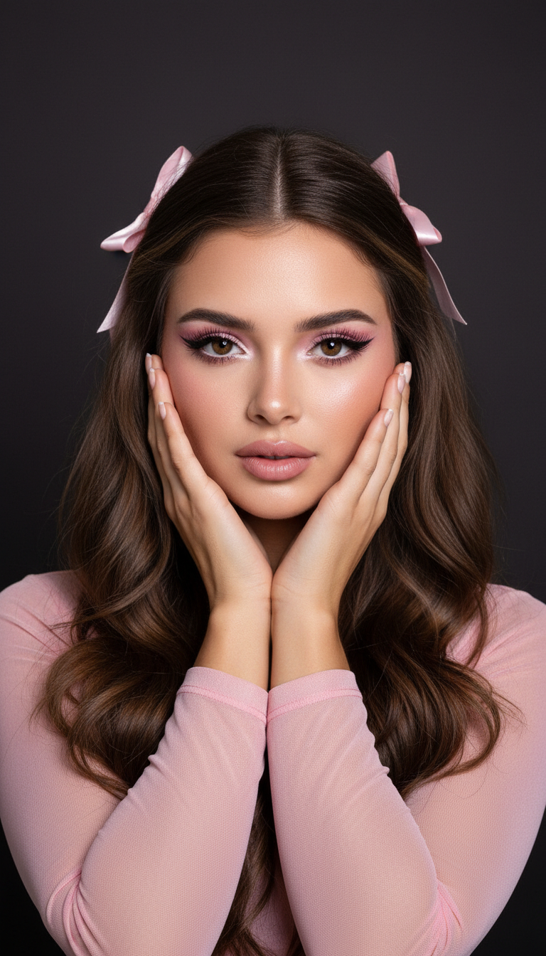 Delicate Beauty Pink Ribbons Portrait | پرامپت تصویر هوش مصنوعی