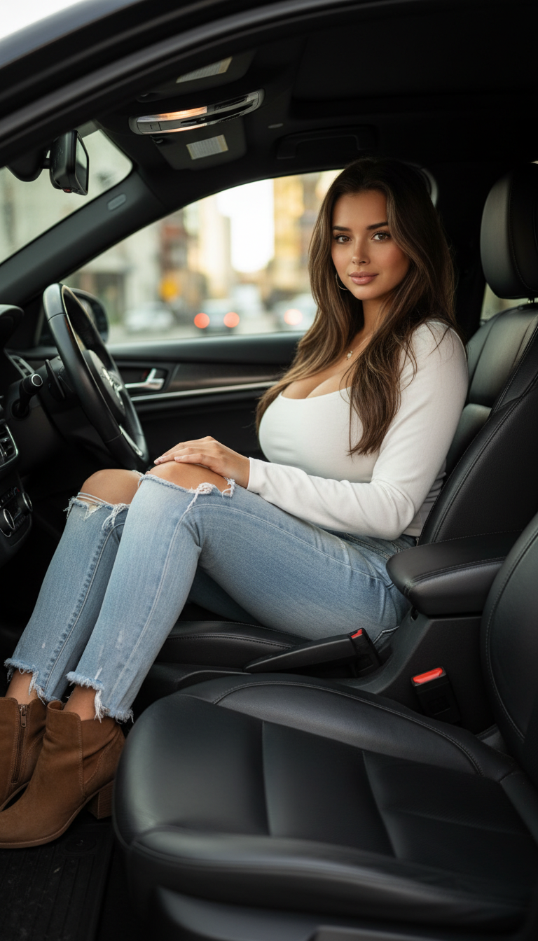 Stylish Urban Girl Leather Interior | پرامپت تصویر هوش مصنوعی