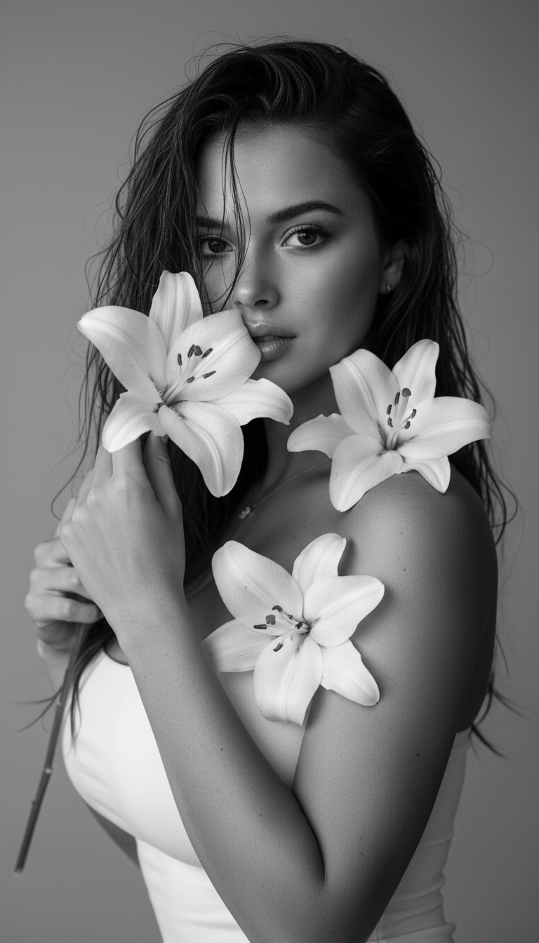 Mysterious Lady with Lilies Portrait | پرامپت تصویر هوش مصنوعی