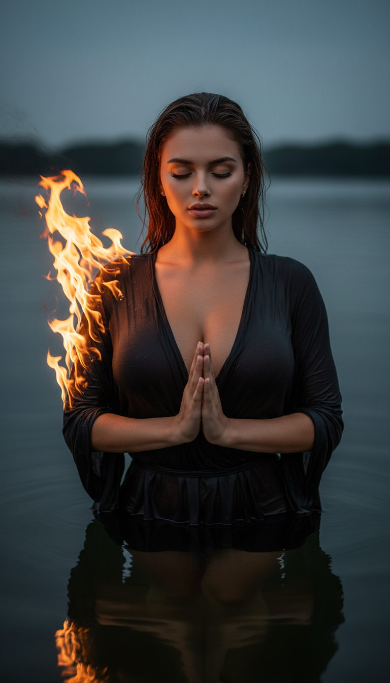 Mystic Fire Dancer in Dark Waters | پرامپت تصویر هوش مصنوعی