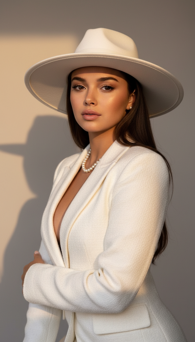 Elegant Lady in White Hat | پرامپت تصویر هوش مصنوعی