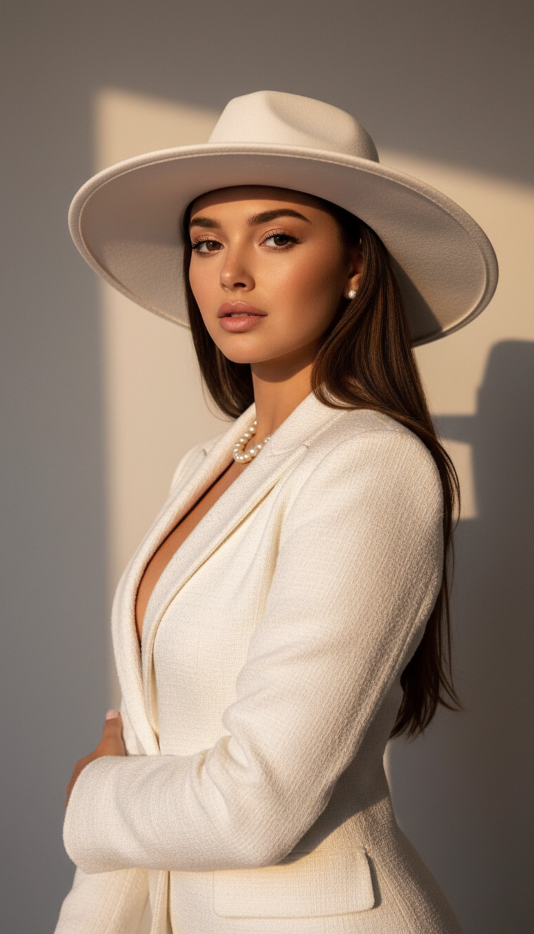 Elegant Lady in White Hat | پرامپت تصویر هوش مصنوعی