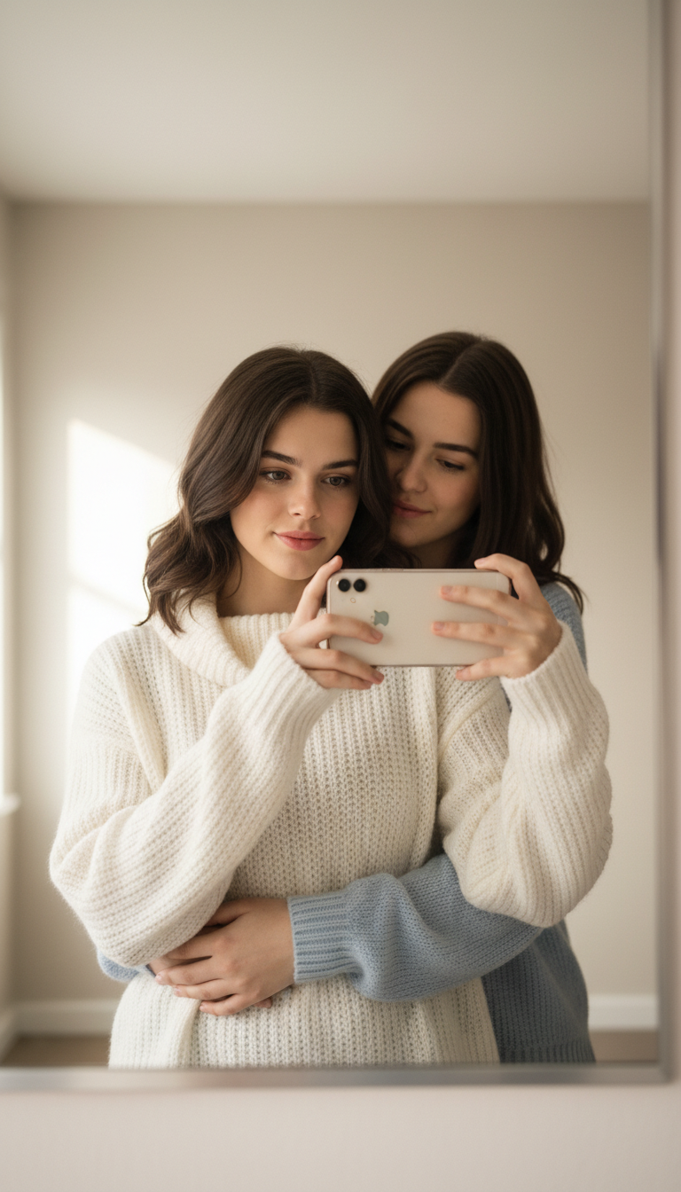 Cozy Mirror Selfie With Friend | پرامپت تصویر هوش مصنوعی