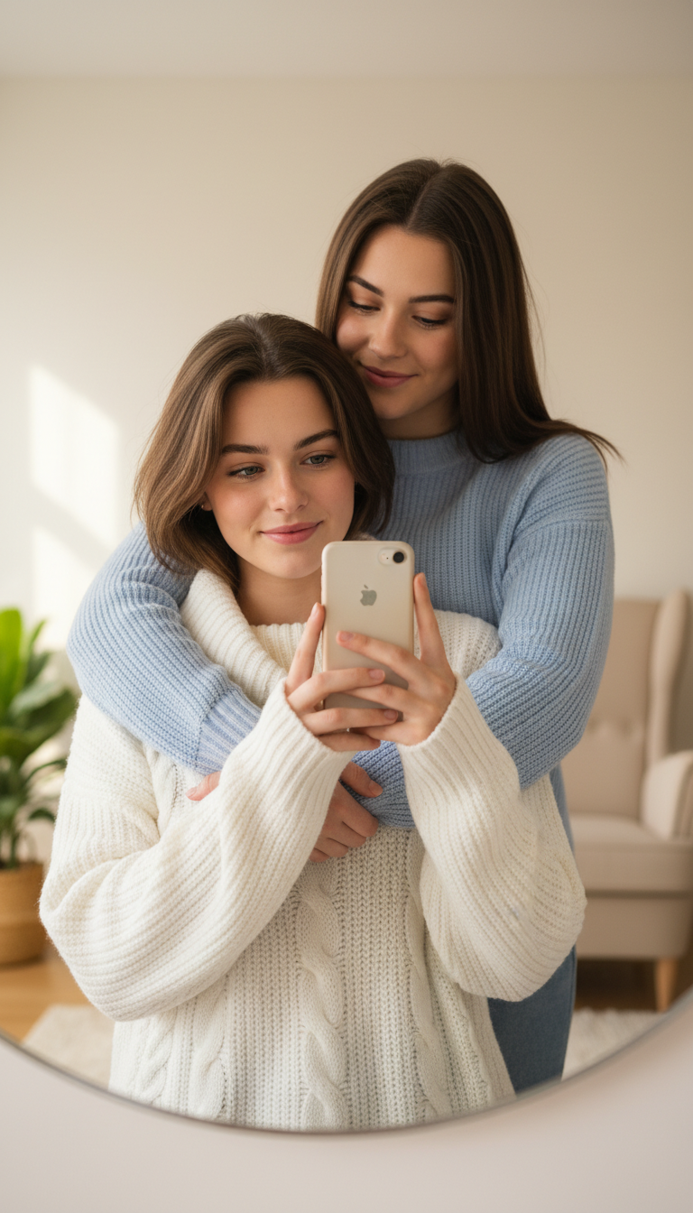 Cozy Mirror Selfie With Friend | پرامپت تصویر هوش مصنوعی