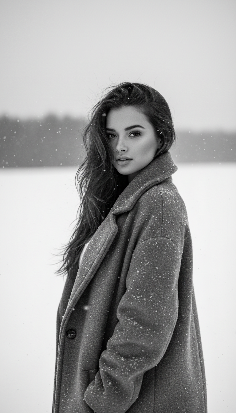 Winter Portrait in Gentle Snowfall | پرامپت تصویر هوش مصنوعی