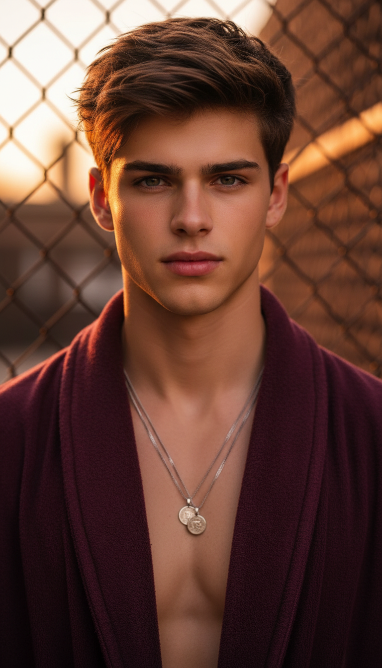 Sunset Portrait in Burgundy Robe | پرامپت تصویر هوش مصنوعی