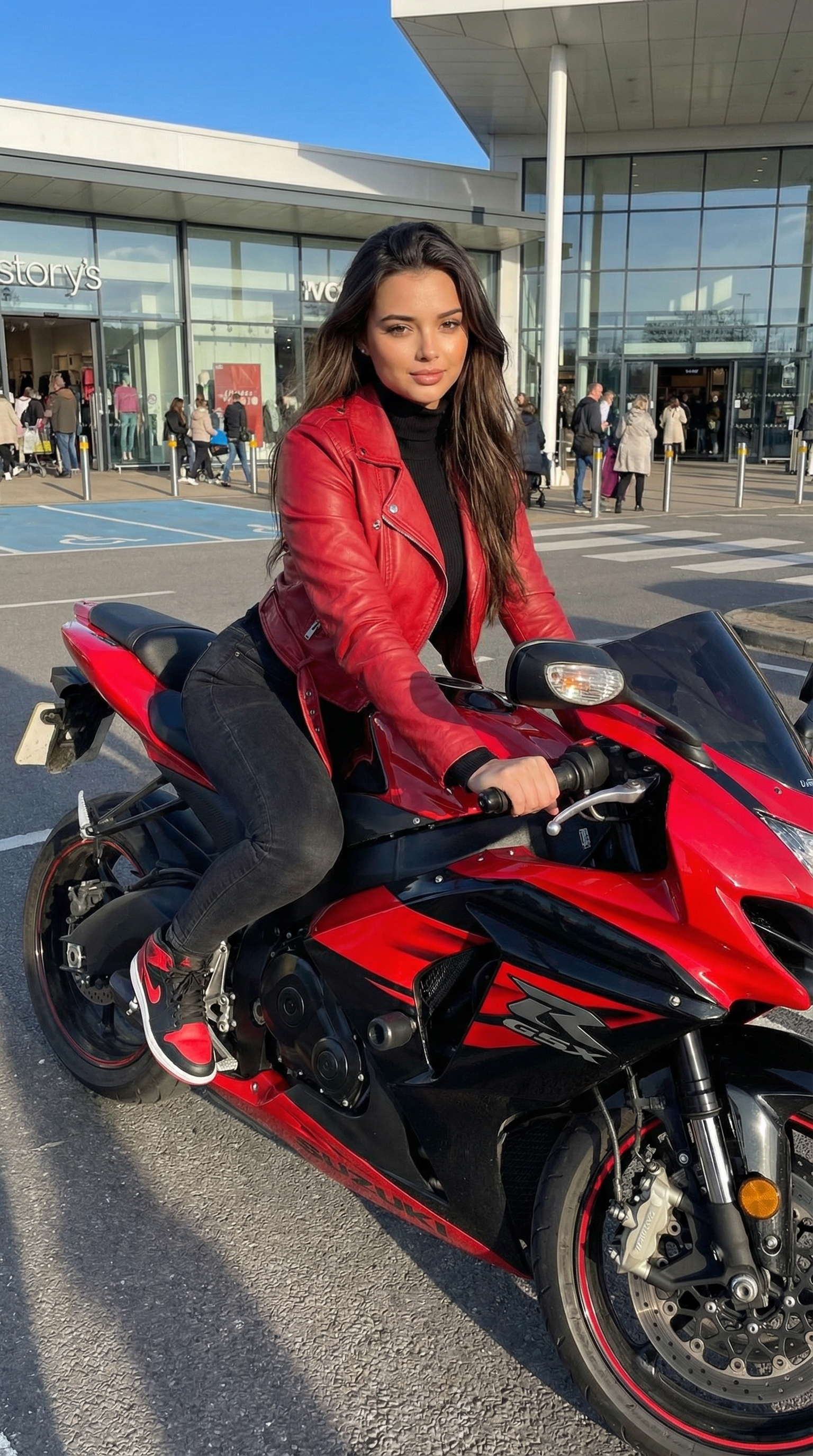Urban Biker Girl in Red | پرامپت تصویر هوش مصنوعی