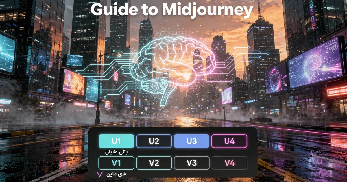 تصویر کاور راهنمای جامع Midjourney با شهر آیندهنگر نئونی در غروب آفتاب و نماد خلاقیت هوش مصنوعی